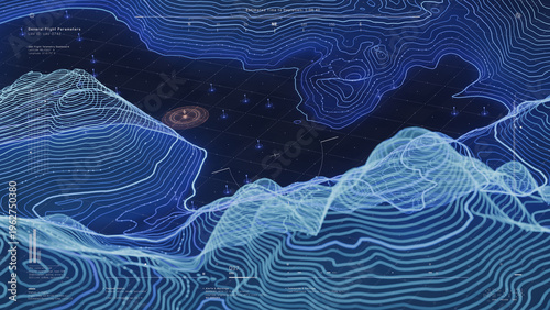 Photos Geospatial UAV telemetry dashboard 3D rendering with glowing blue contour terrai
