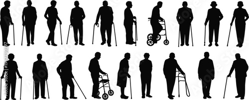 Elderly people silhouettes collection, seniors with canes walkers and mobility aids, aging care concept isolated black vector illustration set