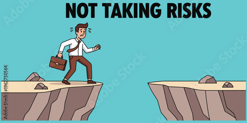 Businessman facing cliff gap, fear of risk, hesitation concept, missed opportunity challenge, motivational caution message, flat vector illustration