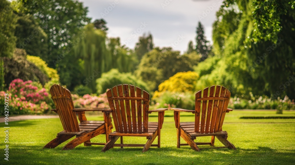 Fototapeta premium Tranquil Garden Scene with Wooden Chairs on Lush Green Lawn for Relaxation and Outdoor Enjoyment