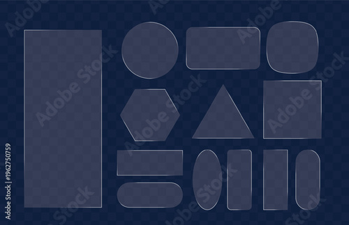 Glassmorphism Geometric Panel Set- Light Frame Transparent Glass Plates and Frosted Liquid Liquid Glass Tiles for Mobile App and Web UI Design