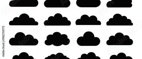 A collection of cloud icons arranged in a neat grid showcasing their variations in shape and form across four rows and ten columns isolated on transparent background