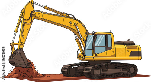 Excavator digging soil, heavy construction machine working on site, detailed yellow crawler equipment isolated vector illustration on white background