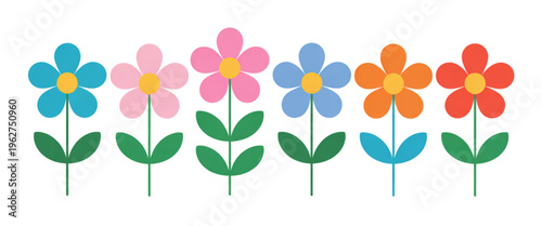 A delightful lineup of cheerful flowers each exhibiting unique colors and vibrant petals aligned neatly in a row isolated on transparent background