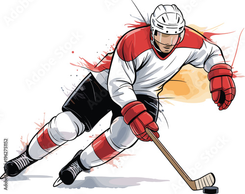Ice hockey player skating with puck, dynamic athlete in action pose, sports illustration isolated on white background vector design