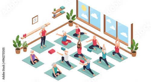 People practice yoga in a serene studio with plants and windows.