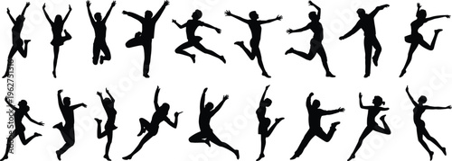 Jumping people silhouettes collection, energetic men and women dancing, dynamic action poses isolated black vector illustration set for fitness