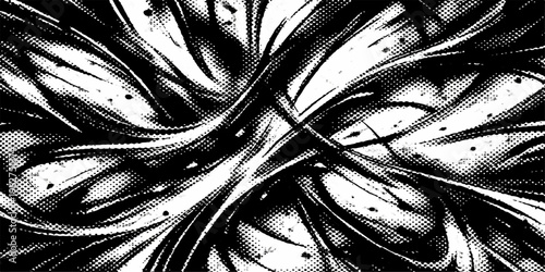 Metallic silver waves flow across a liquid abstract surface to create an artistic black and white pattern with a shiny textured design