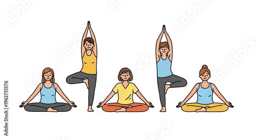 Women practice various yoga poses on colorful mats in a serene indoor setting