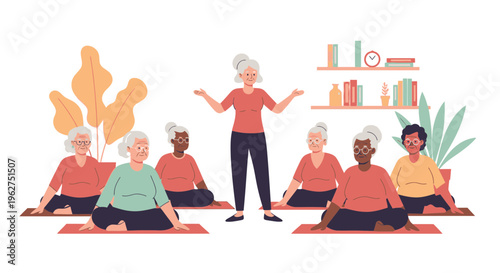 Senior citizens practice yoga with instructor in a serene indoor setting
