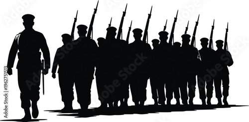 military soldiers marching forward in formation silhouette with rifles representing army strength discipline leadership and defense concept illustration