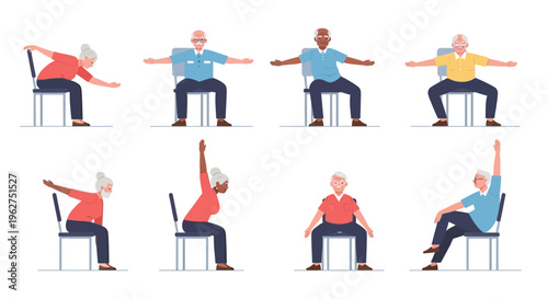 Elderly people doing chair yoga exercises in a fitness class setting