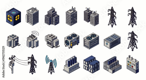 Isometric industrial buildings, power lines, and energy infrastructure icons set