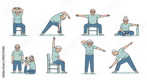Elderly man performing various stretching exercises with chair support indoors