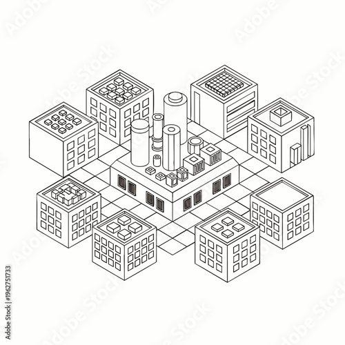 Isometric line art of a factory hub connected to urban buildings, symbolizing industrial technology, smart city infrastructure, and manufacturing network.
