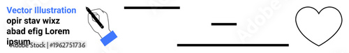 Art, creativity, minimalism, design, writing, education. Hand with pen sketching heart outline next to horizontal lines and text. Art and creativity concept with emphasis on minimalism