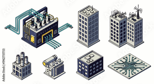 Isometric pixel art collection: industrial buildings, data centers, power plants, circuit boards. Technology infrastructure for smart city.