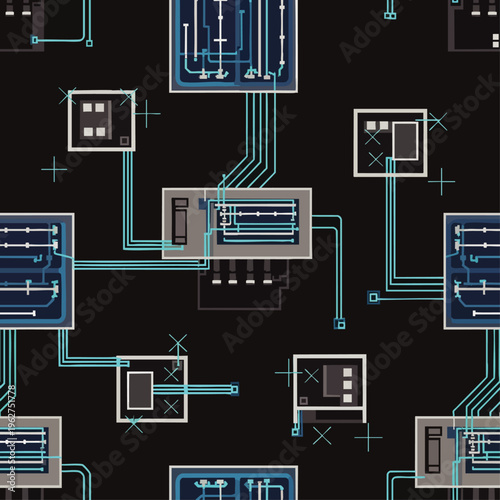 Seamless abstract electronic circuit board pattern with glowing blue lines on a dark background, representing digital technology and modern engineering connections.