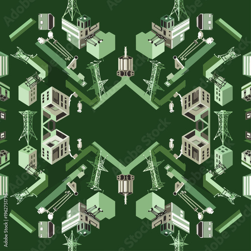 Stylized isometric industrial pattern featuring oil rigs, pipelines, and energy infrastructure elements in a vibrant green color palette, representing fossil fuels.