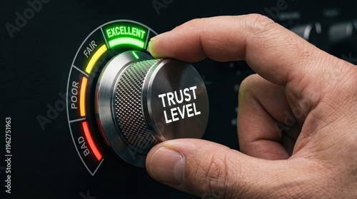 A human hand turns a metallic trust level dial to the excellent position on a dark panel symbolizing high quality and reliability