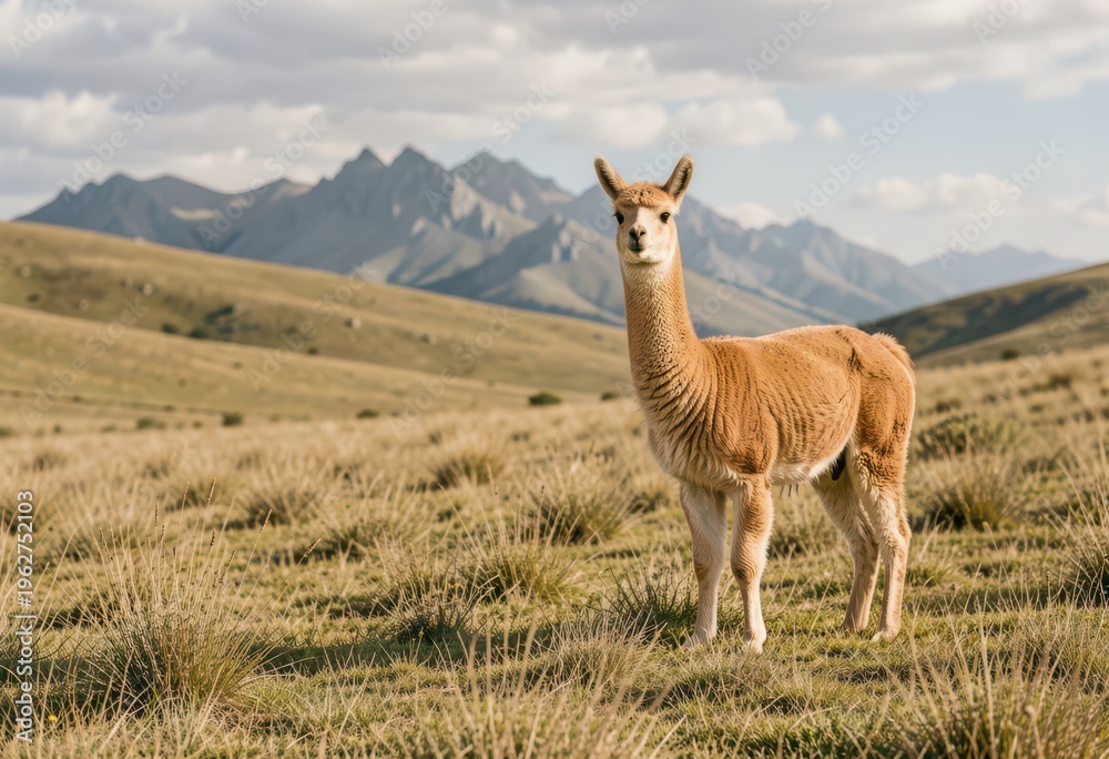 Naklejka premium Llama Standing in a Grassy Field with Mountains in the Background
