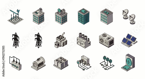 Isometric vector icons: industry, energy, technology. Factories, power plants, data centers, smart city, sustainable development. Infrastructure set.