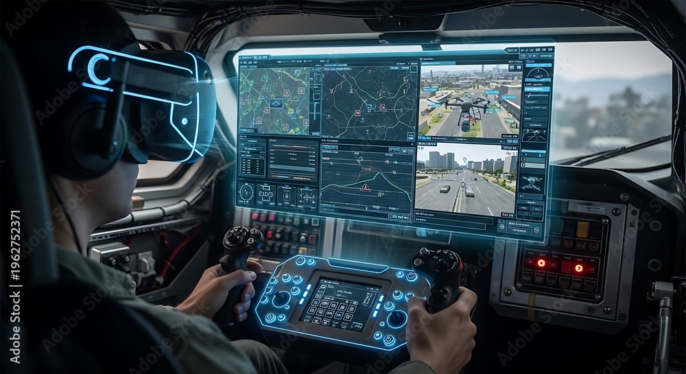 Fototapeta premium Person operates a sophisticated holographic interface in a futuristic cockpit, controlling drones and viewing real-time data streams.
