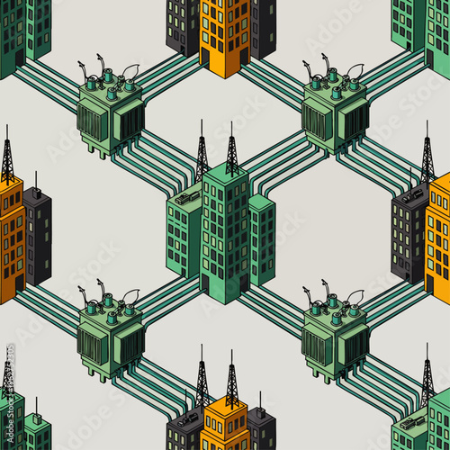 Abstract isometric city grid with power transformers and electrical cables connecting buildings, representing smart city technology.