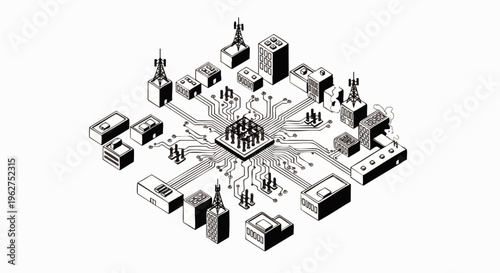Futuristic smart city concept with interconnected buildings and central processing unit, isometric illustration