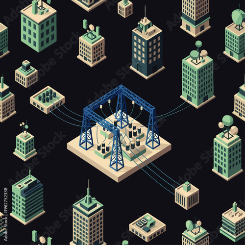 Isometric illustration of a power grid connecting various buildings, representing smart city infrastructure and energy distribution.