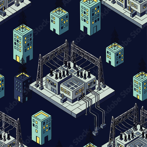 Isometric illustration of a city power substation surrounded by apartment buildings at night, symbolizing urban energy infrastructure.