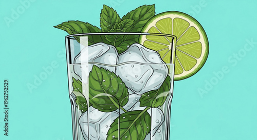 Refreshing mojito cocktail with mint leaves and lime in a glass on a turquoise background