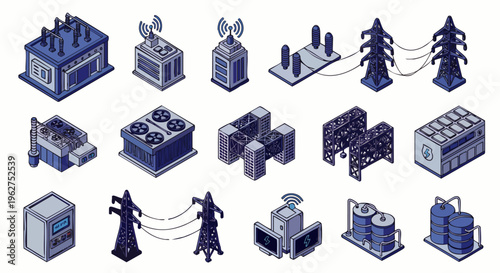 Isometric Icons of Industrial Buildings and Power Infrastructure Elements for Energy and Technology Concepts