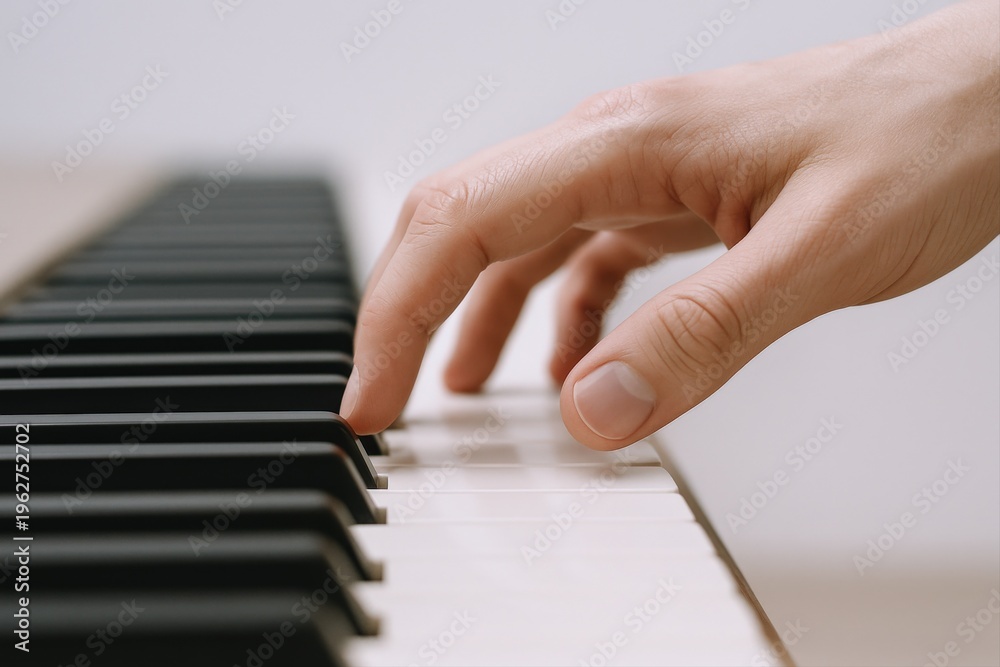 Obraz premium Elegant Hand Playing Piano Keys, Close-up Musical Performance, Artistic Expression and Creative Hobby