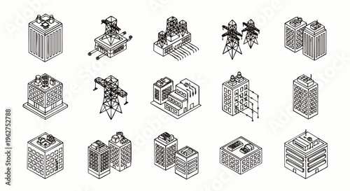 Collection of Isometric Buildings and Power Line Towers, Vector Icons for Urban Planning and Infrastructure Design