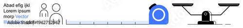 Fairness, measurement, precision, equality, evaluation, and decision-making. Minimalist design two people, a measuring tape and a balance scale. Fairness and measurement concepts