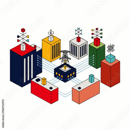 Abstract isometric illustration of interconnected data centers or server rooms with colorful cubes and antennas on a white background