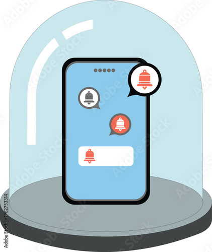Smartphone with Notification Icons Protected Under a Glass Dome Concept for Digital Privacy, Security, and App Protection