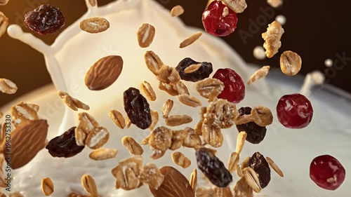 Close up macro shot of granola with berries and nuts falling in milk