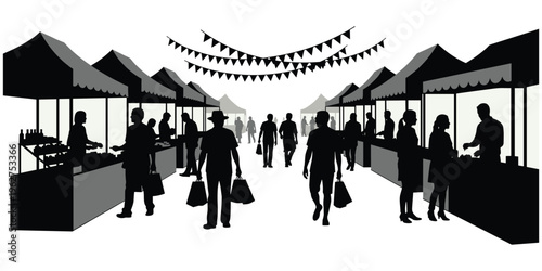 Outdoor street market scene, vendor stalls with canopies, people shopping, festive pennant flags, lively commerce atmosphere, flat vector illustration