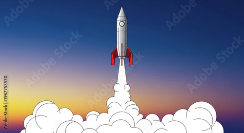 Rocket ship blasting off into sunset sky with clouds symbolizing innovation and progress