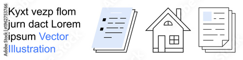 Document management, real estate services, property organization, contracts, home ownership, and paperwork review. Graphic showing documents and a house. Document management and real estate services