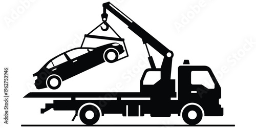 Tow truck lifting car, roadside assistance service, vehicle breakdown recovery, transportation concept, emergency auto support, silhouette style, flat vector illustration