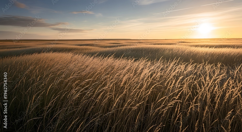Obraz premium Golden feather grass blowing in the wind at sunset.