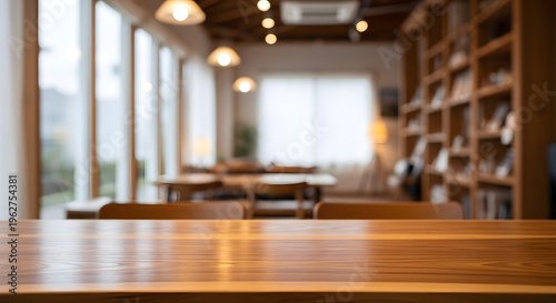 Wood Table Top in Modern Cafe or Restaurant for Food Presentation or Product Display Backdrop Copy Space Interior Background 120char