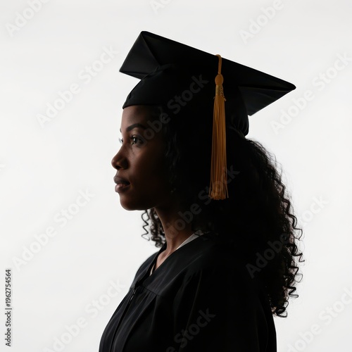 Side Profile of Female Graduate in Cap and Gown Against White Background
