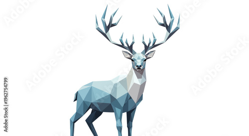 Geometric Deer with Large Antlers, Low Poly Style, White Background, Animal Art
