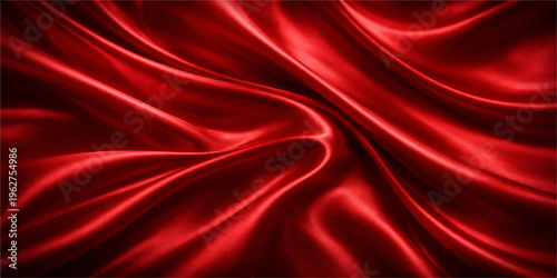 A smooth red satin fabric creates a luxurious flowing backdrop with soft shiny waves and elegant curves across the textile material