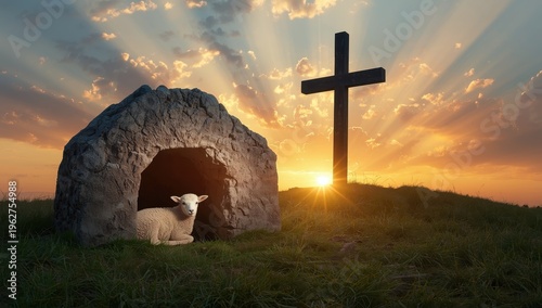 Easter theme: a lamb in a stone tomb with a cross at sunrise