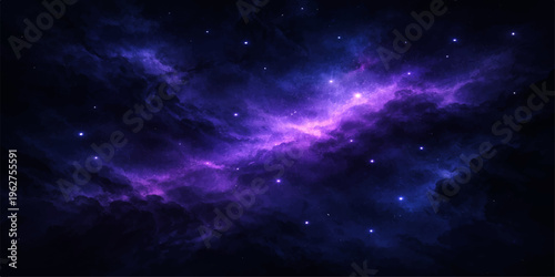 A deep dark universe background features a bright blue nebula and glowing stars across an abstract cosmic sky with far planets and distant galaxy light in outer space